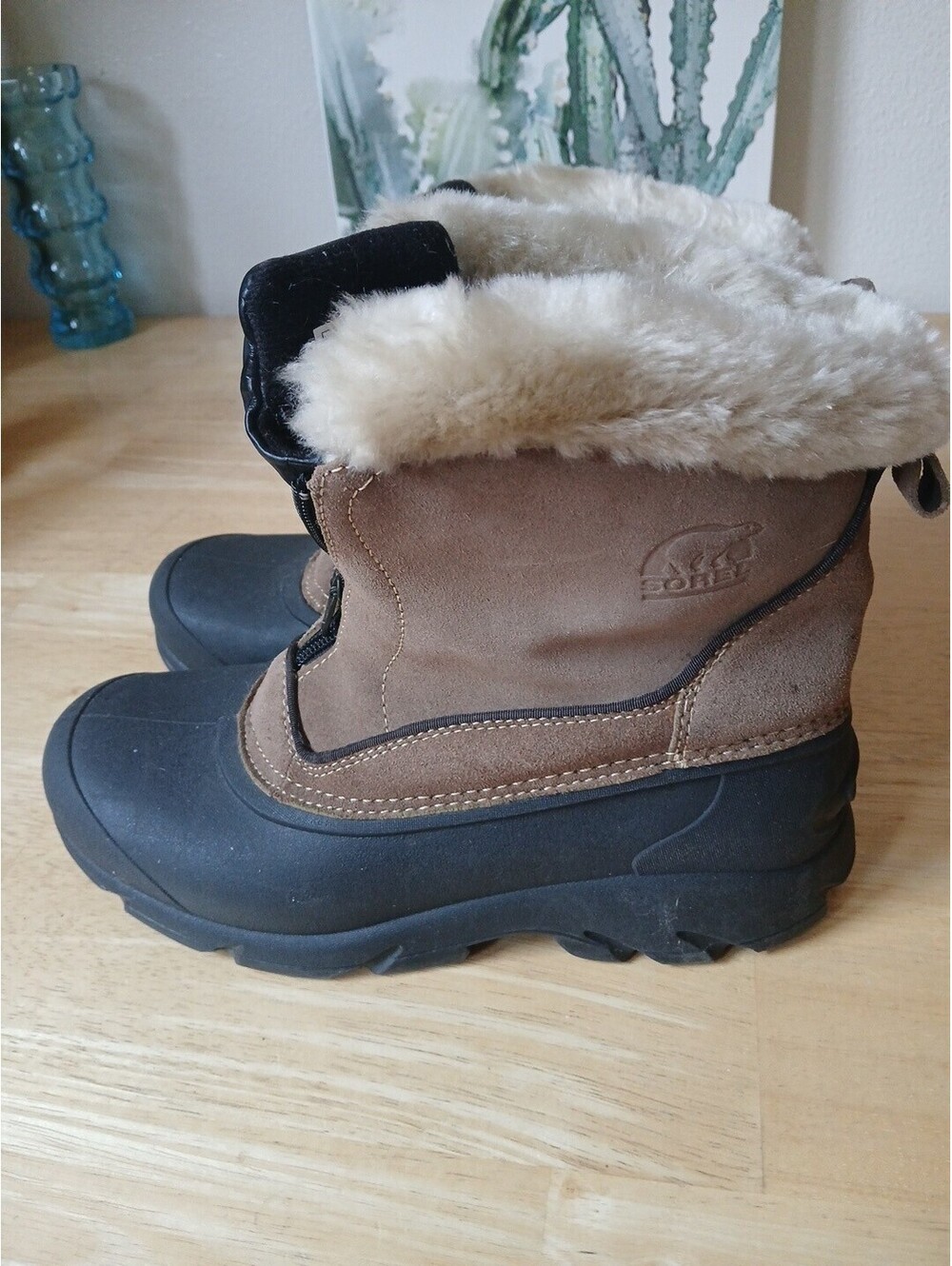 SOREL Women's 8 Snow Angel Black & Brown Short Zip Winter Boots #NL1840-234